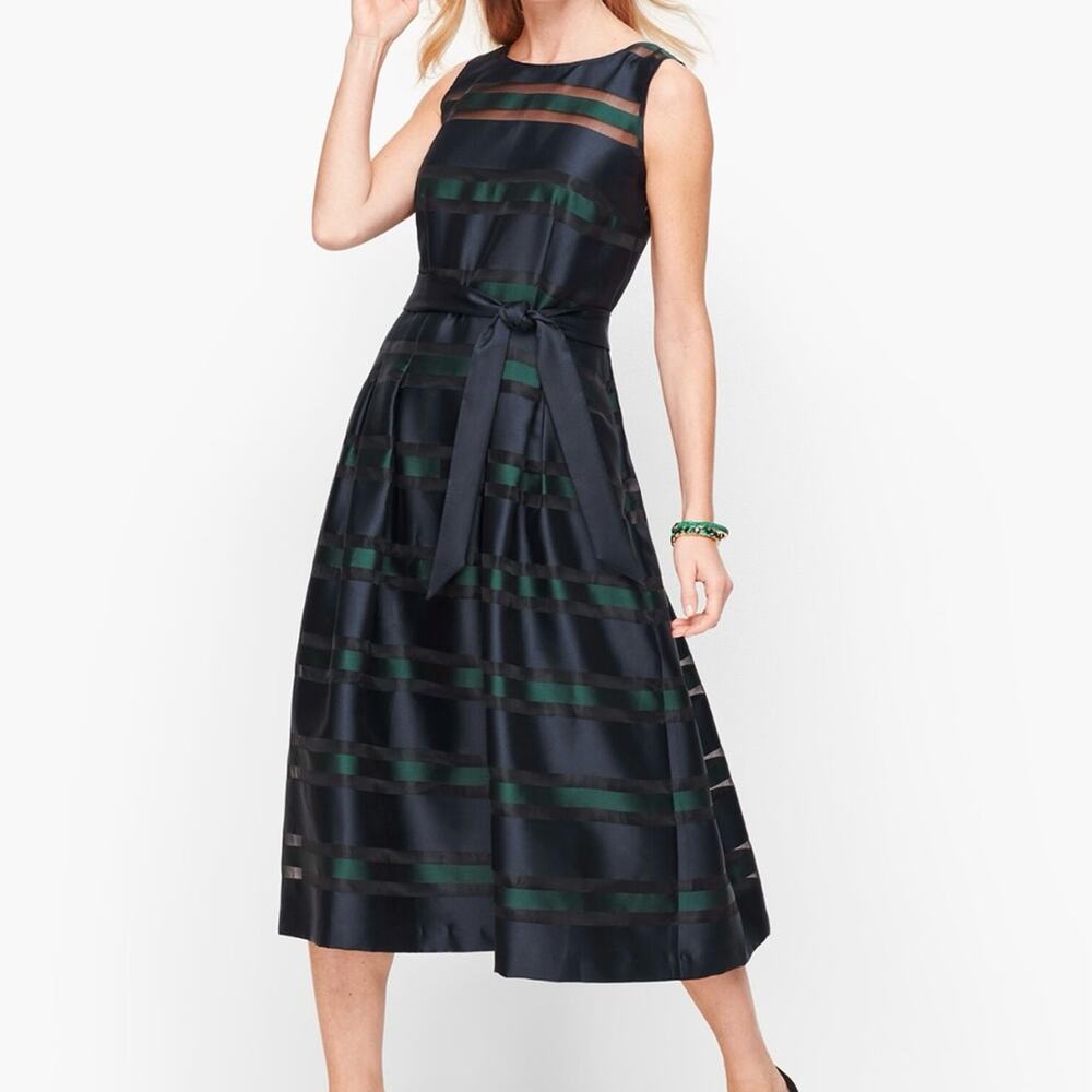 Talbots Sheer-striped Fit & Flare Navy & Green Midi Dress